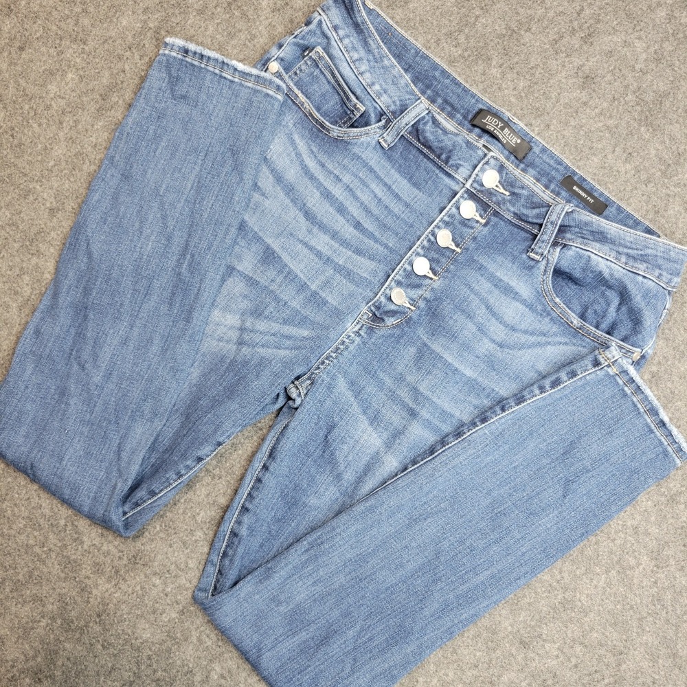 Judy Blue Jeans Womens 15/32 Blue Denim Stretch Distressed Skinny Fit Button Fly